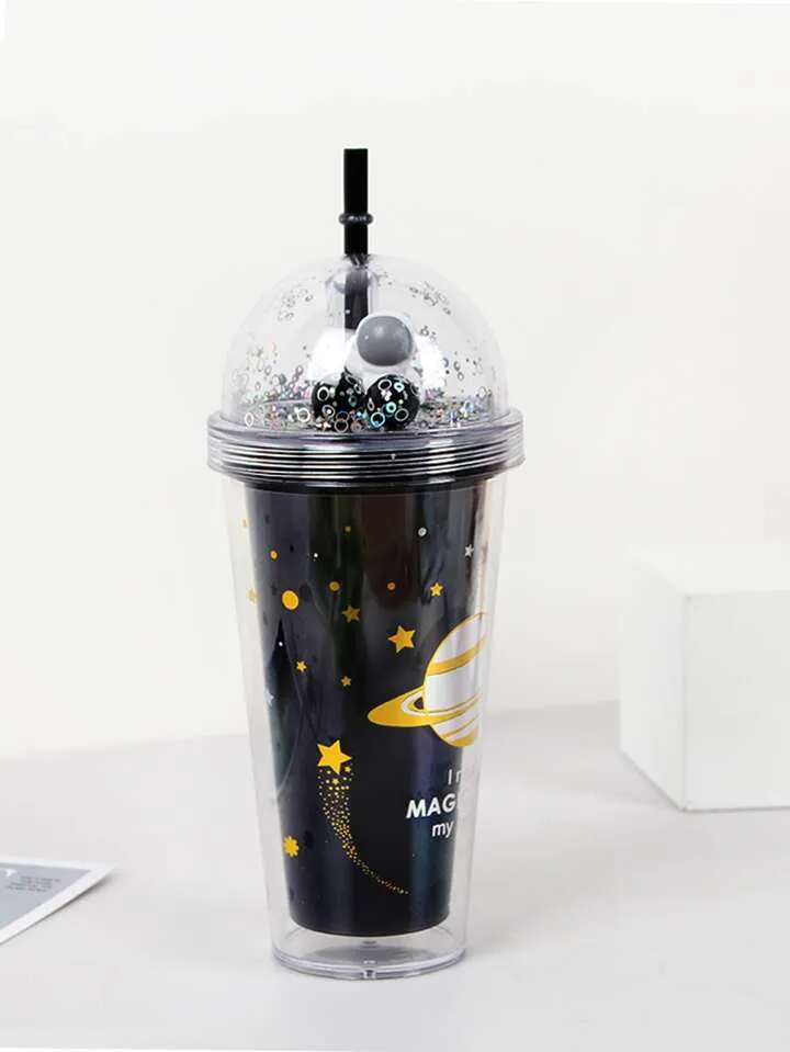 Cute Cartoon Creative Space Planet Design Straw Cups Water Bottle Tumbler Flask - 450ml