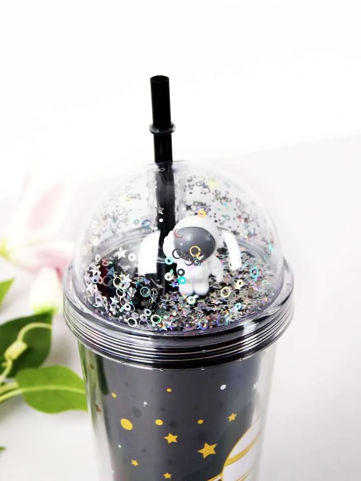 Cute Cartoon Creative Space Planet Design Straw Cups Water Bottle Tumbler Flask - 450ml