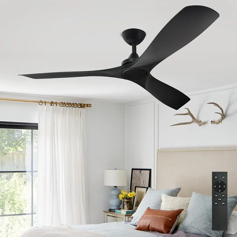 Depuley 52" Modern Ceiling Fan No Light with Remote, Indoor/Outdoor Ceiling Fan Without Light, 3 Blade Low Profile Fan for Patios/Farmhouse Reversible DC Motor, 2 Downrods, Quiet Energy Saving, Black