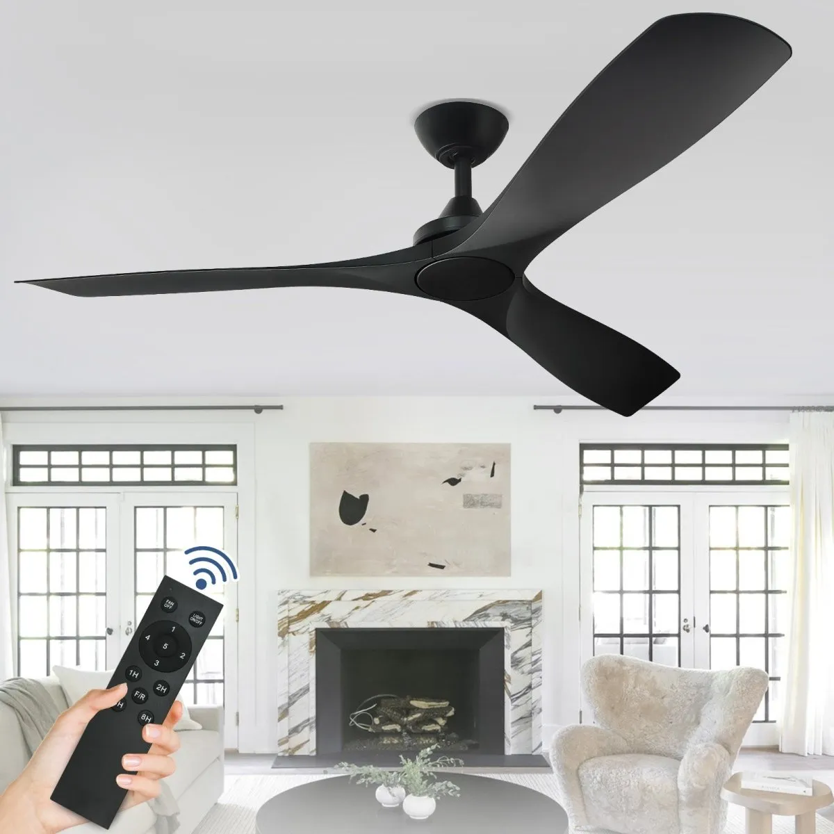 Depuley 52" Modern Ceiling Fan No Light with Remote, Indoor/Outdoor Ceiling Fan Without Light, 3 Blade Low Profile Fan for Patios/Farmhouse Reversible DC Motor, 2 Downrods, Quiet Energy Saving, Black