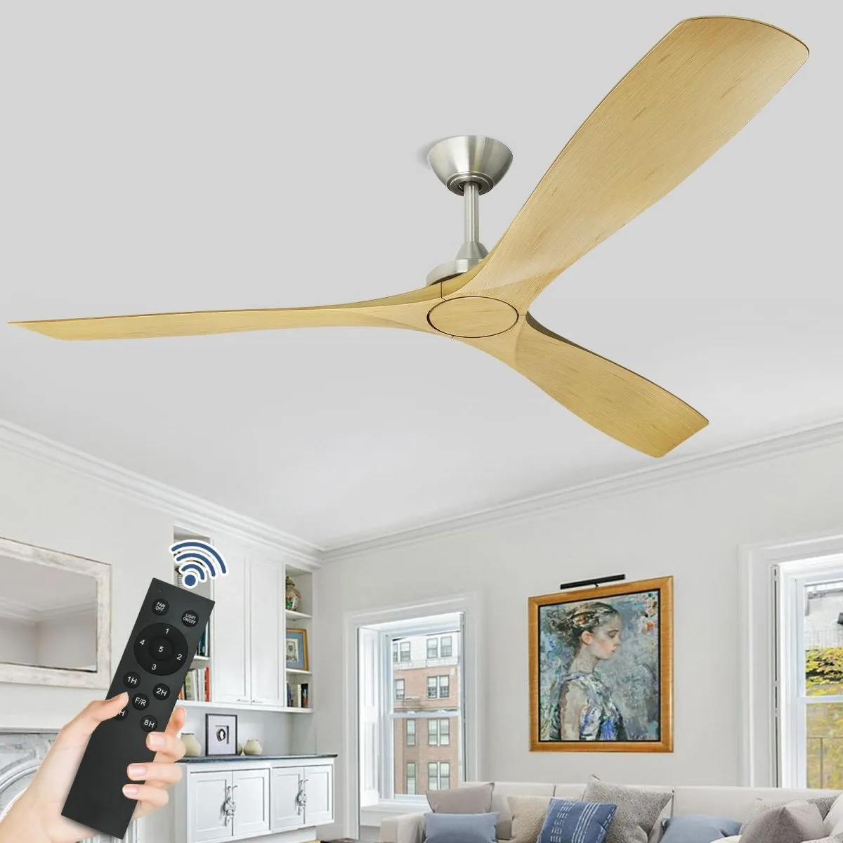 Depuley 60 Inch Large Ceiling Fan No Light with Remote, Low Profile Modern Ceiling Fans Without Lights, Noiseless Reversible DC Motor for Patio/Kitchen/Farmhouse & Covered Outdoor, Timer-Wood Color