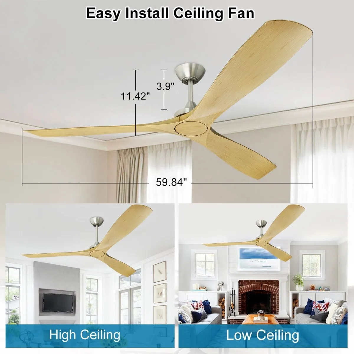 Depuley 60 Inch Large Ceiling Fan No Light with Remote, Low Profile Modern Ceiling Fans Without Lights, Noiseless Reversible DC Motor for Patio/Kitchen/Farmhouse & Covered Outdoor, Timer-Wood Color