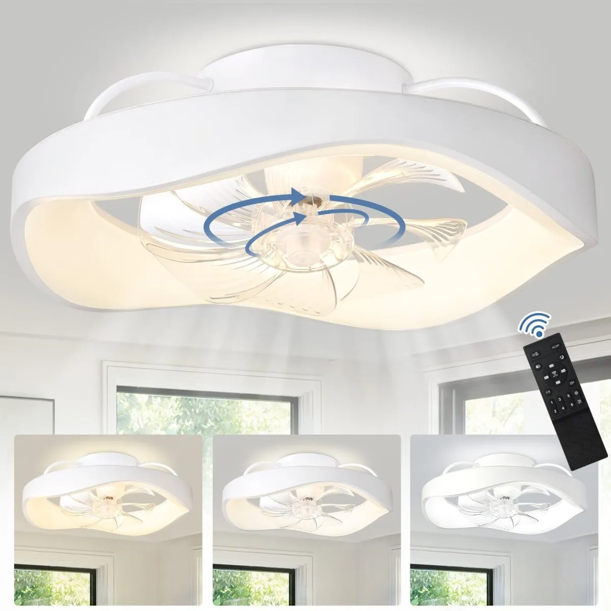 DLLT Flush Mount Ceiling Fan with Led Light and Remote, Low Profile Ceiling Fan-360-Degree Oscillating, 3CCT Adjustable, LED Dimmable, 6 Speeds Timing Modern Fan for Kitchen, Bedroom, White, 20 Inch, Blossom