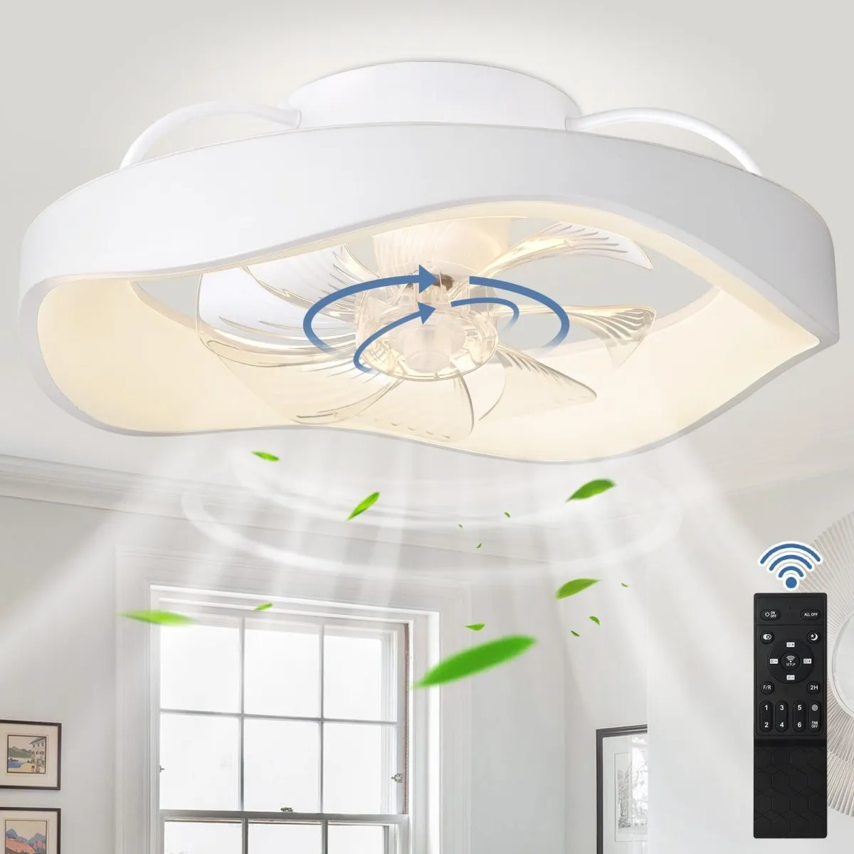 DLLT Flush Mount Ceiling Fan with Led Light and Remote, Low Profile Ceiling Fan-360-Degree Oscillating, 3CCT Adjustable, LED Dimmable, 6 Speeds Timing Modern Fan for Kitchen, Bedroom, White, 20 Inch, Blossom