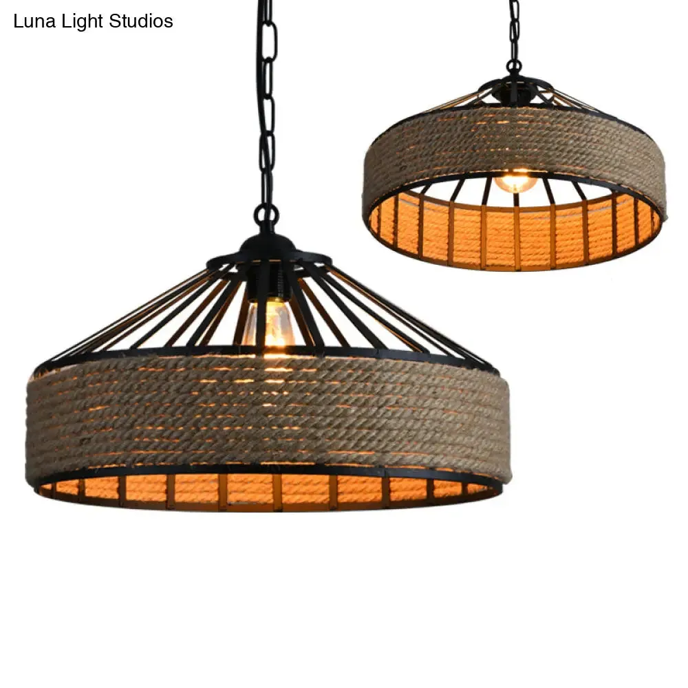 Farmhouse Black Rope Pendant Light Kit - Cone Cage Iron Lamp for Dining Room - 3 Sizes Available