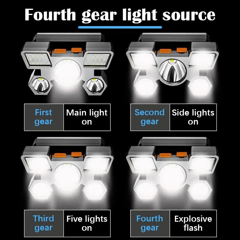 Five-Head LED USB Rechargeable Headlamp Super Bright Portable Head Flashlight Working Light Head-Mounted Fishing Camping Lantern