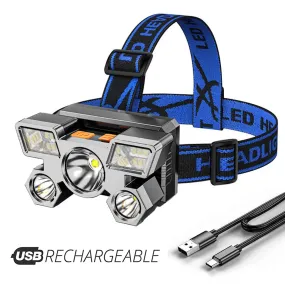 Five-Head LED USB Rechargeable Headlamp Super Bright Portable Head Flashlight Working Light Head-Mounted Fishing Camping Lantern