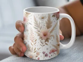 Floral Coffee Mug, Pink Pastel Wildflower and Stars Pattern, Rustic Boho Chic Kitchenware, Unique Gift for Plant Lovers