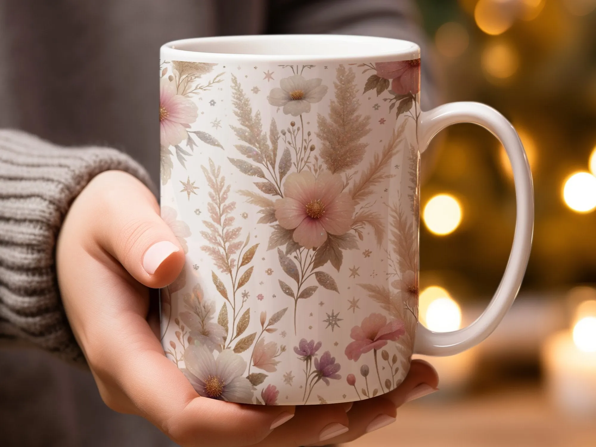 Floral Coffee Mug, Pink Pastel Wildflower and Stars Pattern, Rustic Boho Chic Kitchenware, Unique Gift for Plant Lovers