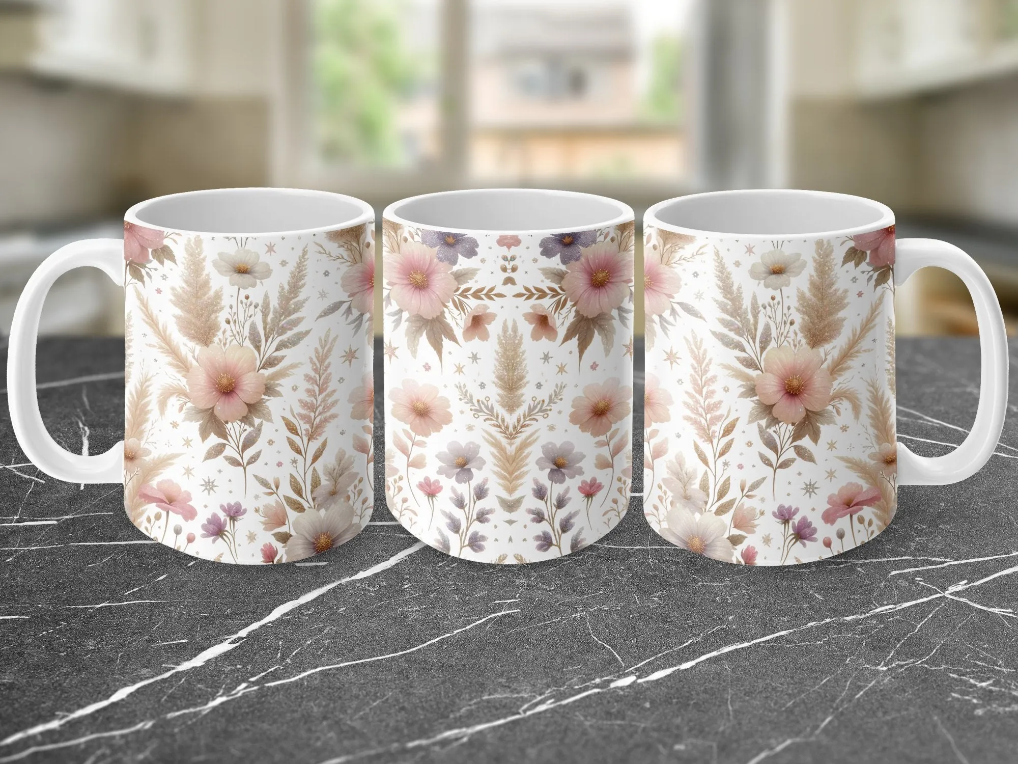 Floral Coffee Mug, Pink Pastel Wildflower and Stars Pattern, Rustic Boho Chic Kitchenware, Unique Gift for Plant Lovers