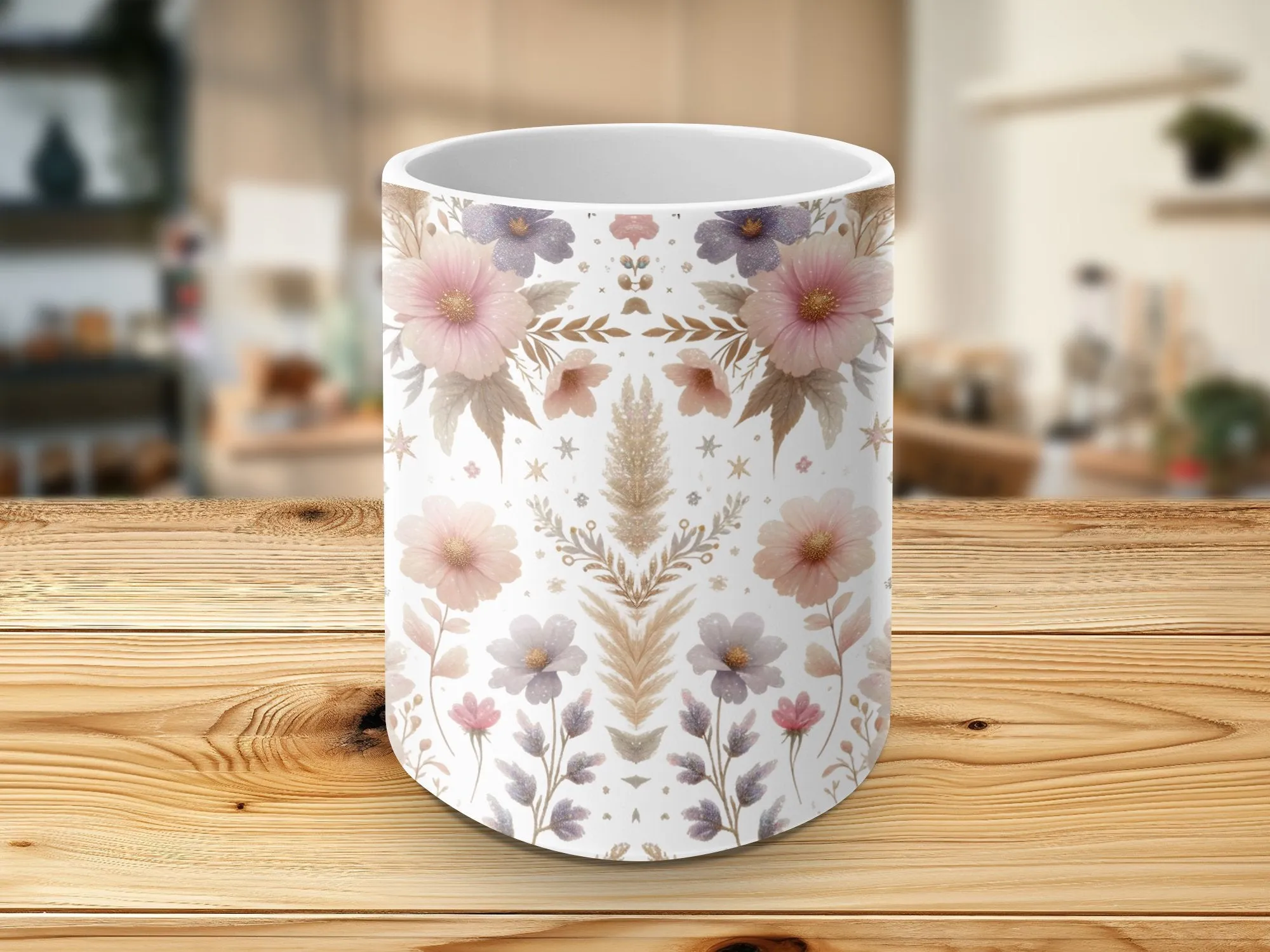 Floral Coffee Mug, Pink Pastel Wildflower and Stars Pattern, Rustic Boho Chic Kitchenware, Unique Gift for Plant Lovers