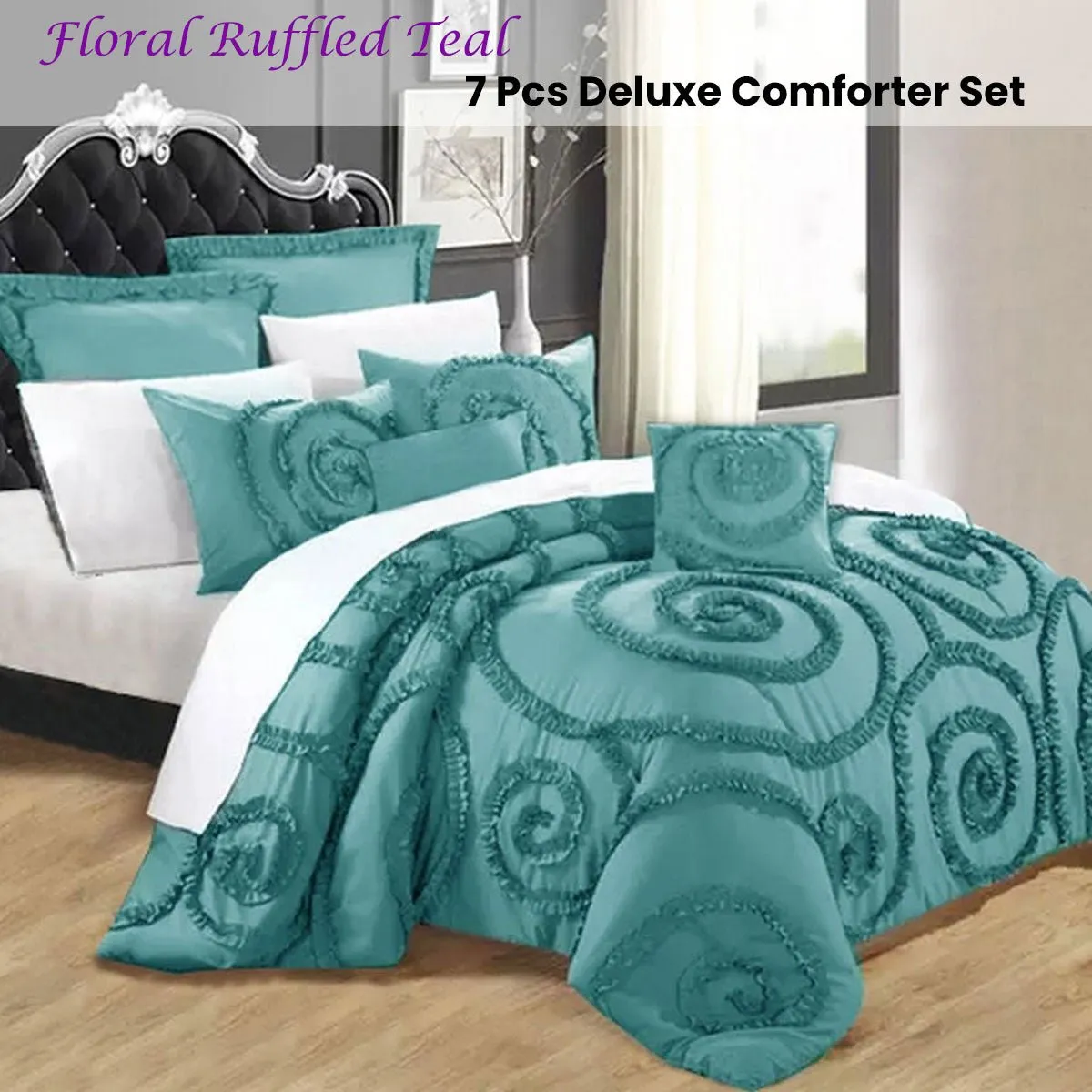 Floral Ruffled Teal 7 Pcs Deluxe Comforter Set Queen