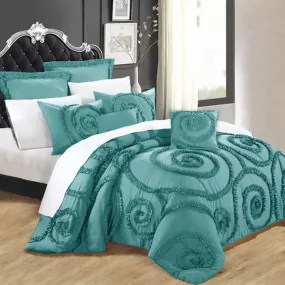 Floral Ruffled Teal 7 Pcs Deluxe Comforter Set Queen