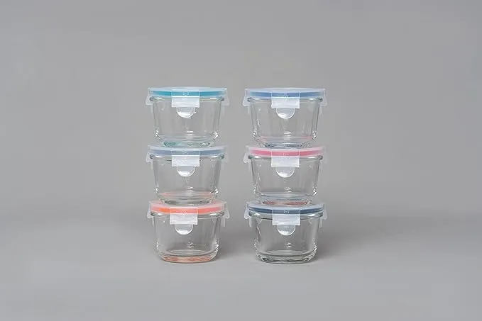 Genicook Borosilicate Glass Small Baby-Size Meal and Food Storage Containers, Round Shape - 12 pc Set (6 Containers - 6 Matching Lids)