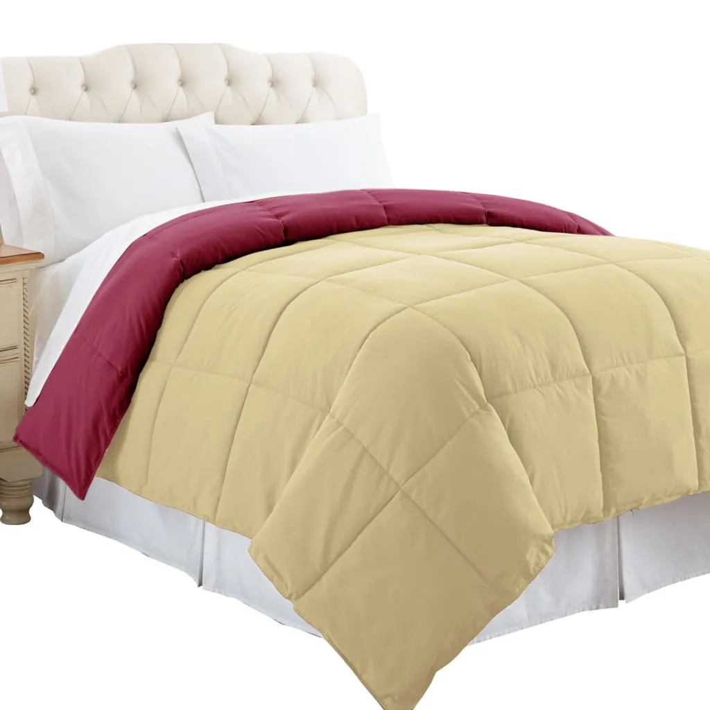 Genoa Queen Size Box Quilted Reversible Comforter By Casagear Home, Pink and Beige