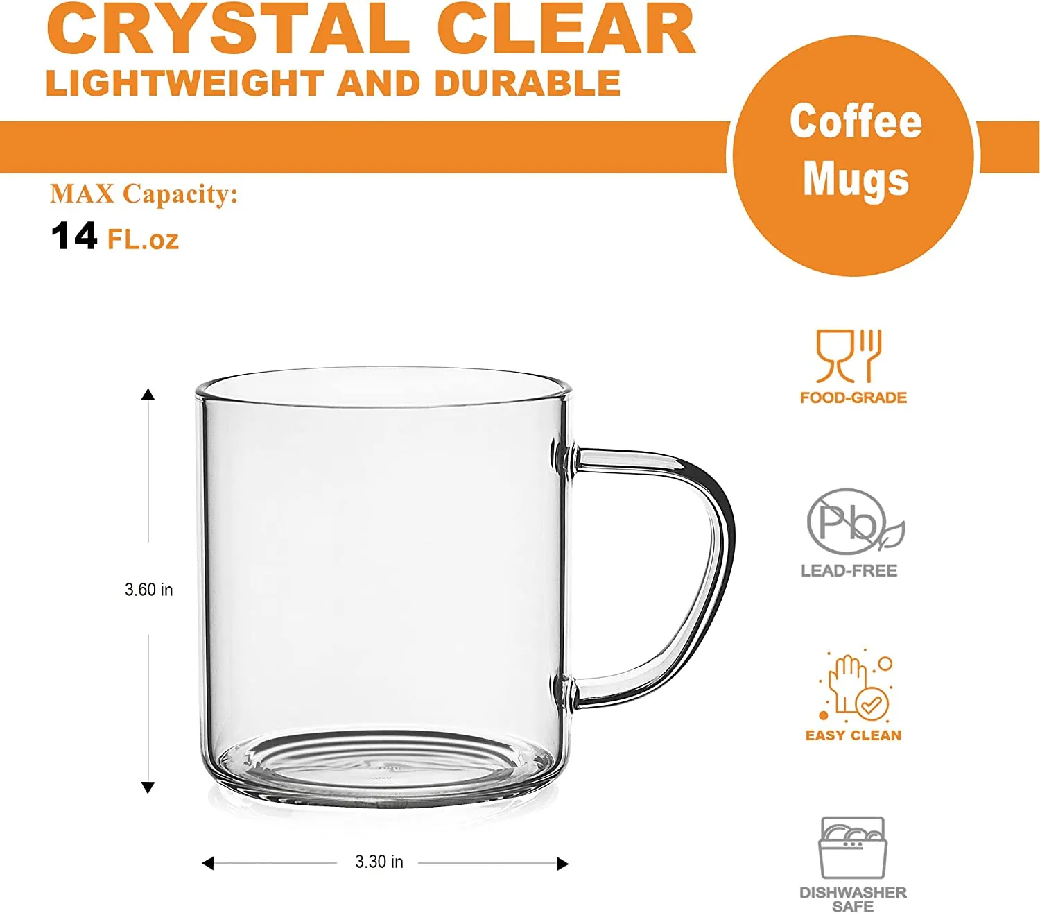 Glass Coffee Mugs Set of 4,Large Wide Mouth