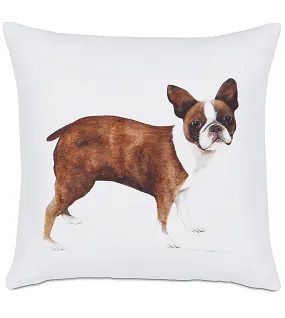 Hand-Painted Boston Terrier Dog on White Linen Throw Pillow Cover 20x20