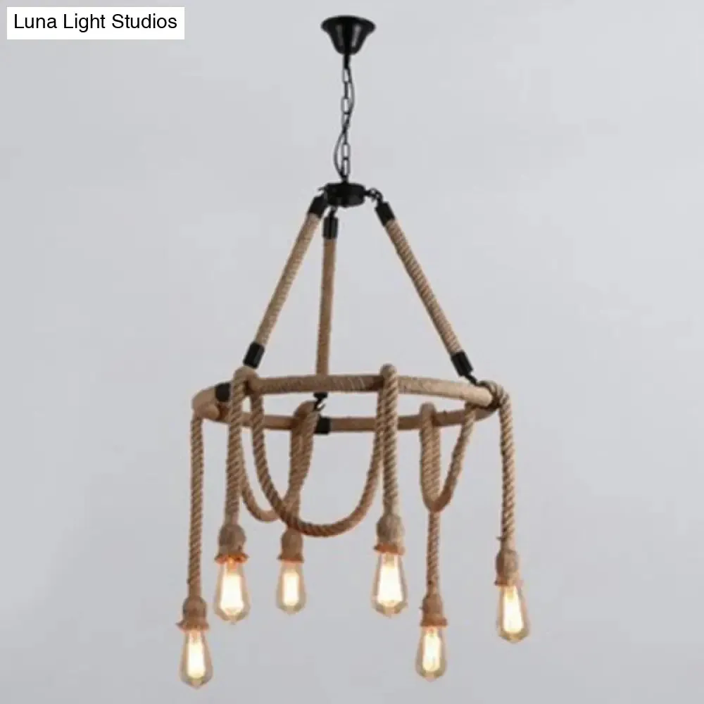 Hemp Rope Chandelier Pendant Light Kit in Antiqued Beige for Restaurants with Exposed Bulb