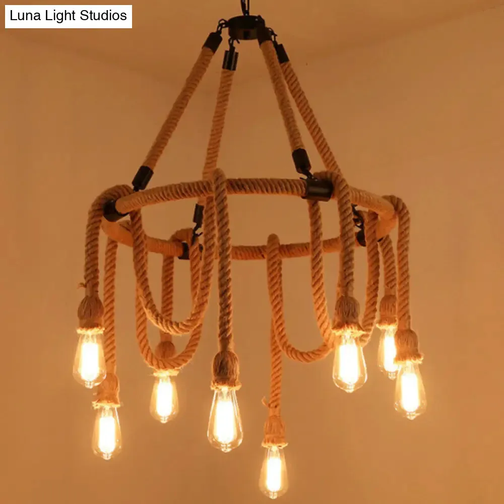 Hemp Rope Chandelier Pendant Light Kit in Antiqued Beige for Restaurants with Exposed Bulb