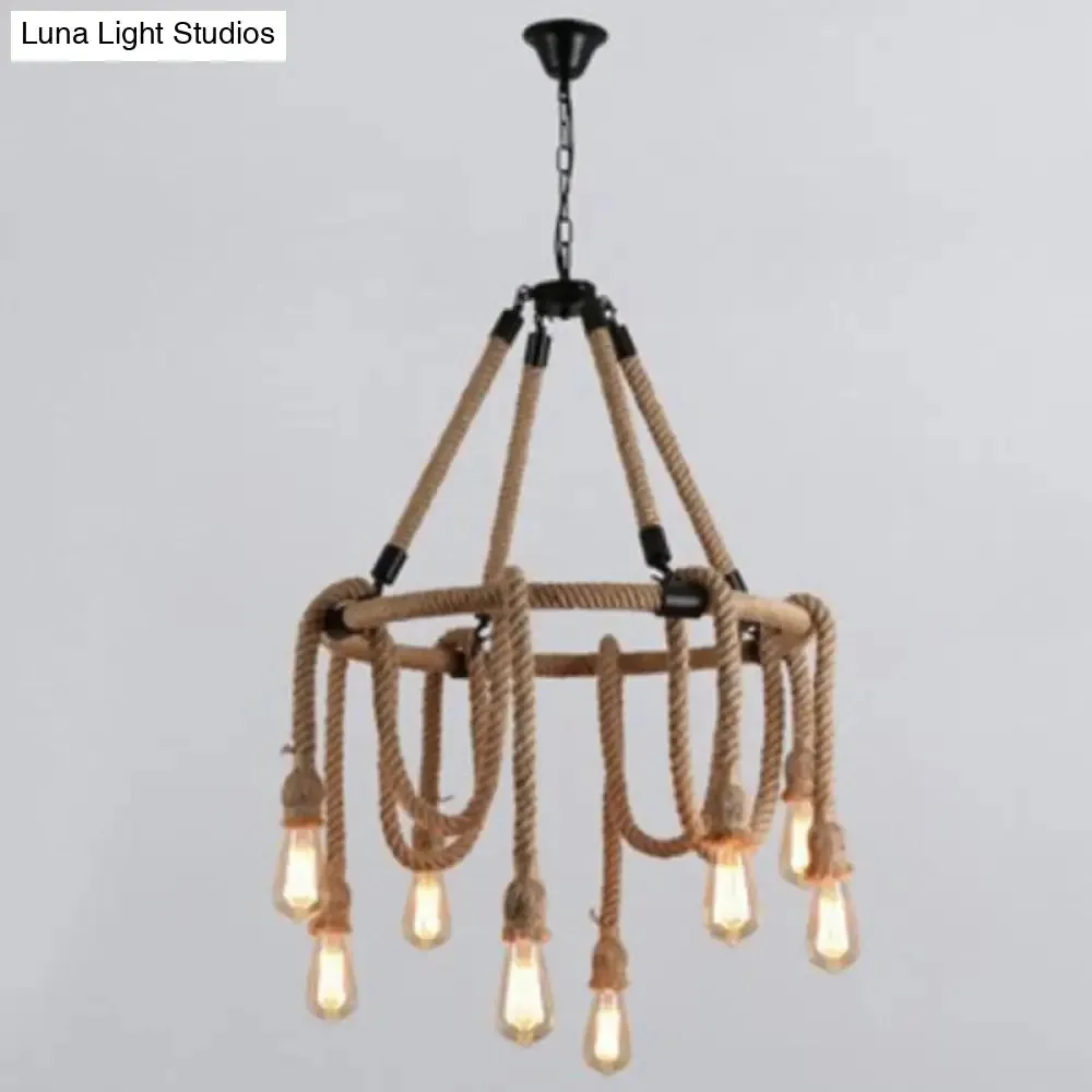 Hemp Rope Chandelier Pendant Light Kit in Antiqued Beige for Restaurants with Exposed Bulb