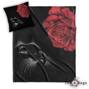 Here Kitty Kitty Red Rose Cat Decorative Throw and Pillow Cover Set