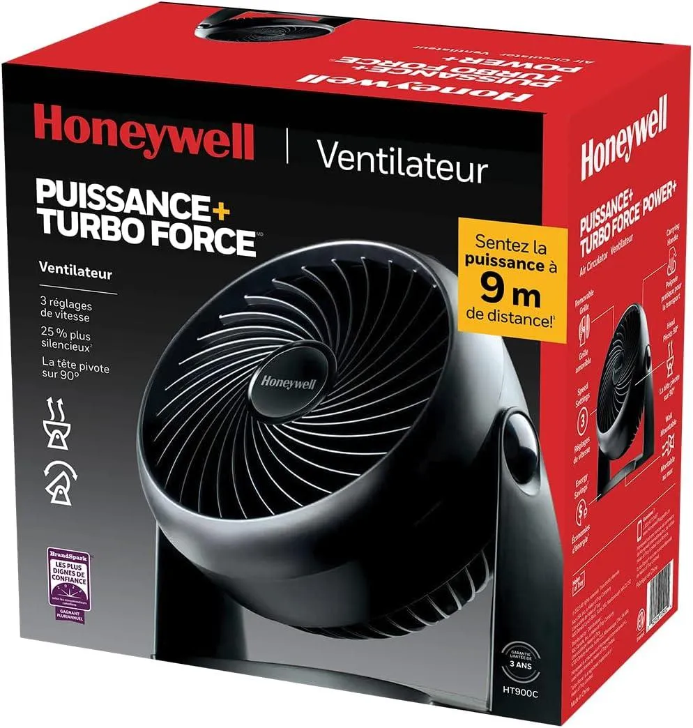 Honeywell HT900C 7" TurboForce® POWER  Desk/Table Fan, Air Circulator for Small Bedroom, Portable, Wall Mountable, Energy Saving, 3 Speeds, Black