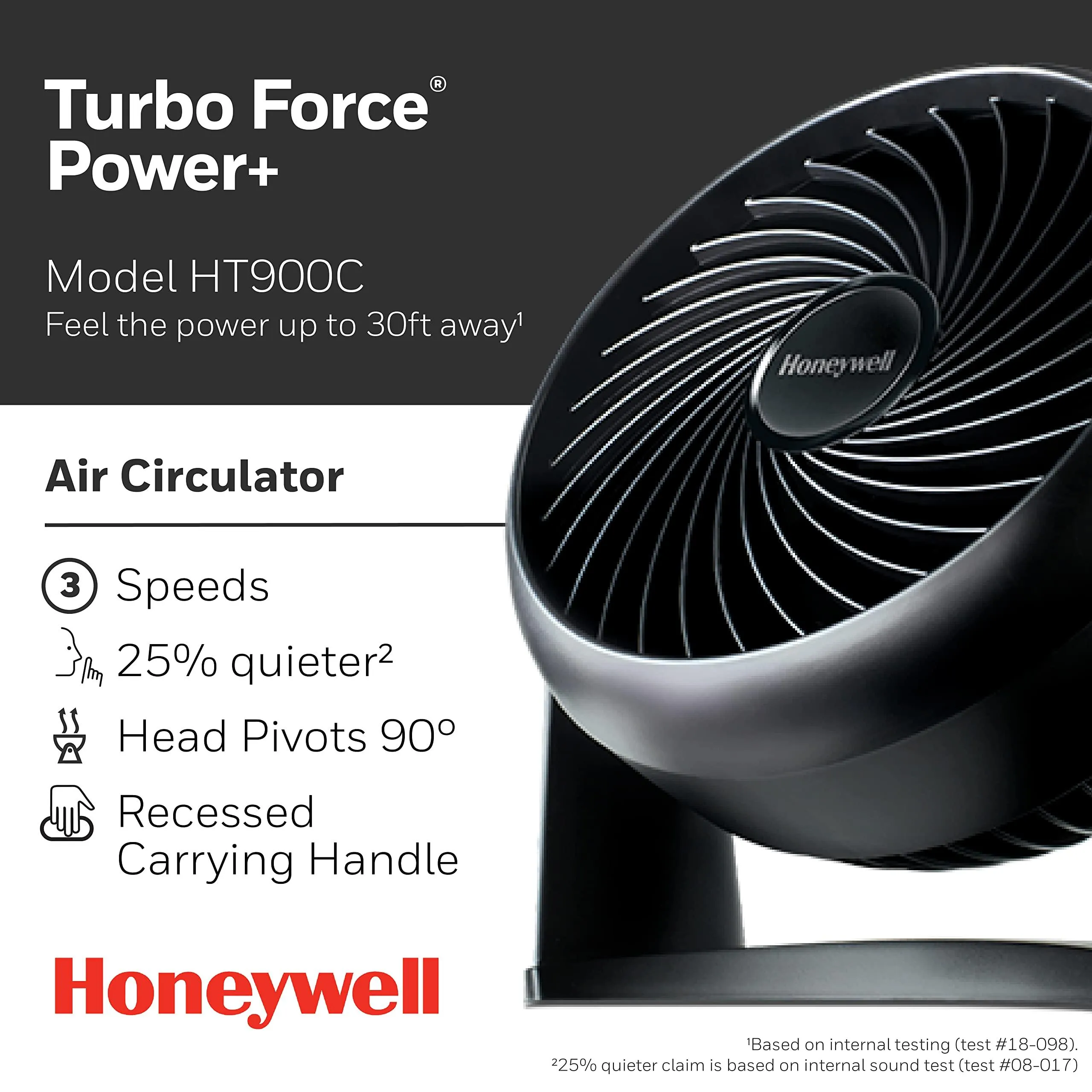 Honeywell HT900C 7" TurboForce® POWER  Desk/Table Fan, Air Circulator for Small Bedroom, Portable, Wall Mountable, Energy Saving, 3 Speeds, Black