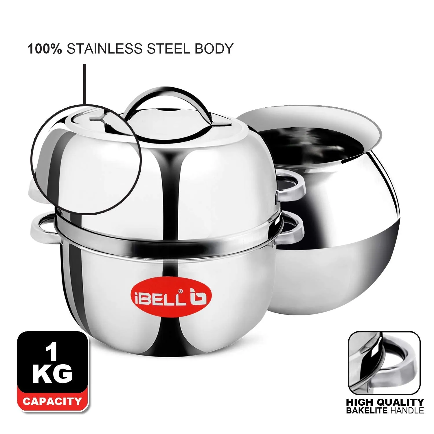 iBELL 1 kilogram Premium Stainless Steel Steam Pot, Thermal Rice Cooker, Induction Based Pot with Rubber Gasket