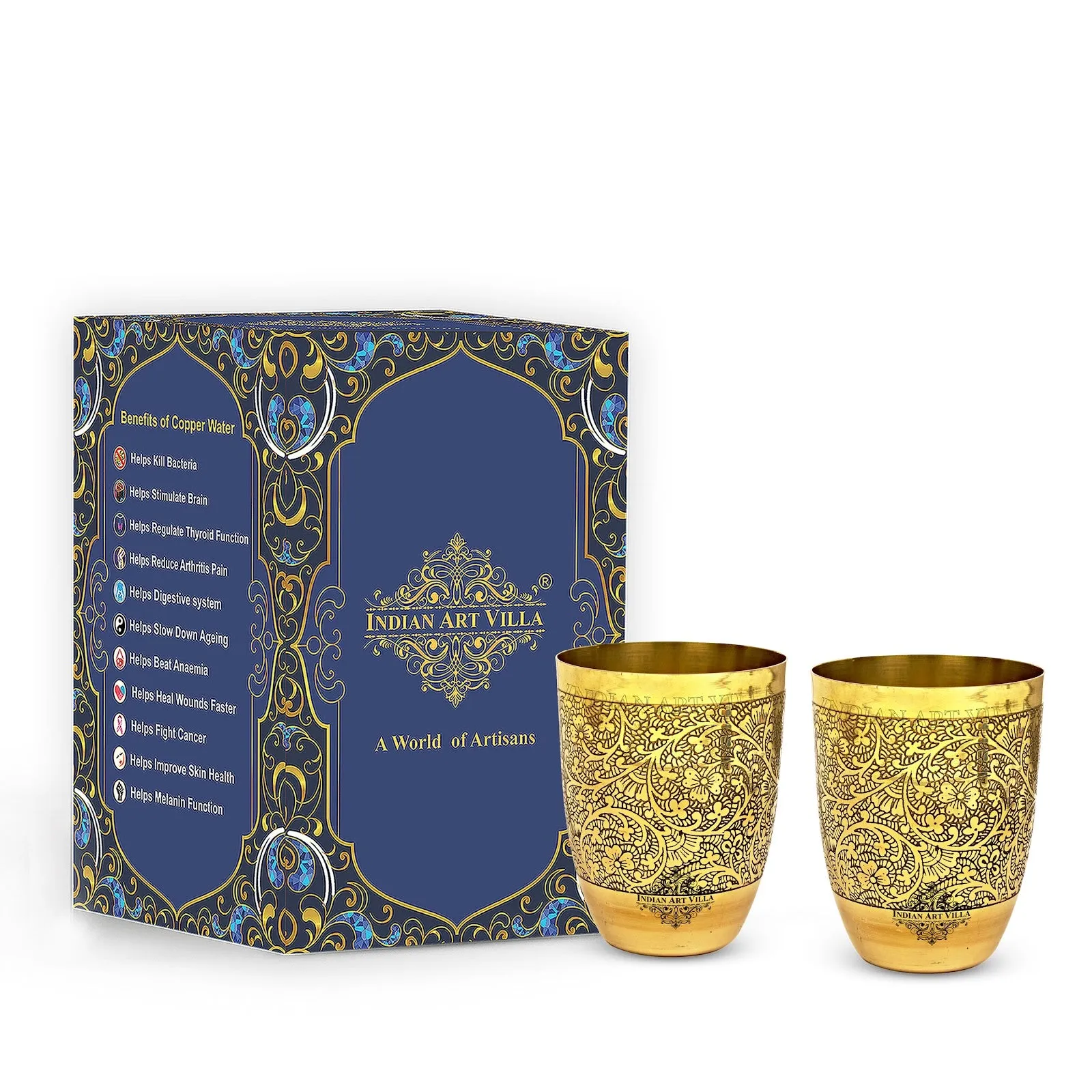 Indian Art Villa Embossed Design Brass Glass Tumbler Cup, Drinkware, Home Restaurant, 350 ML, Gold