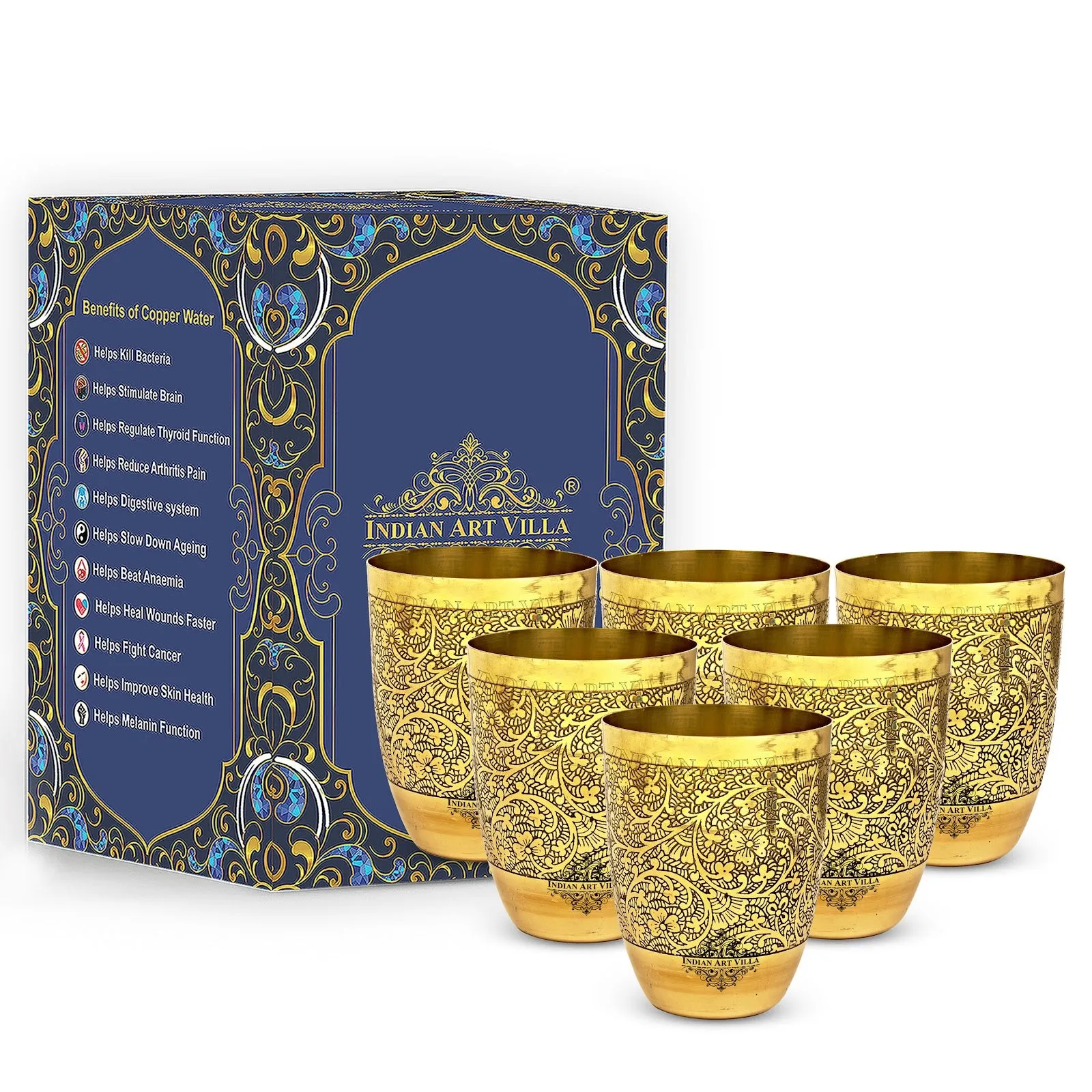 Indian Art Villa Embossed Design Brass Glass Tumbler Cup, Drinkware, Home Restaurant, 350 ML, Gold