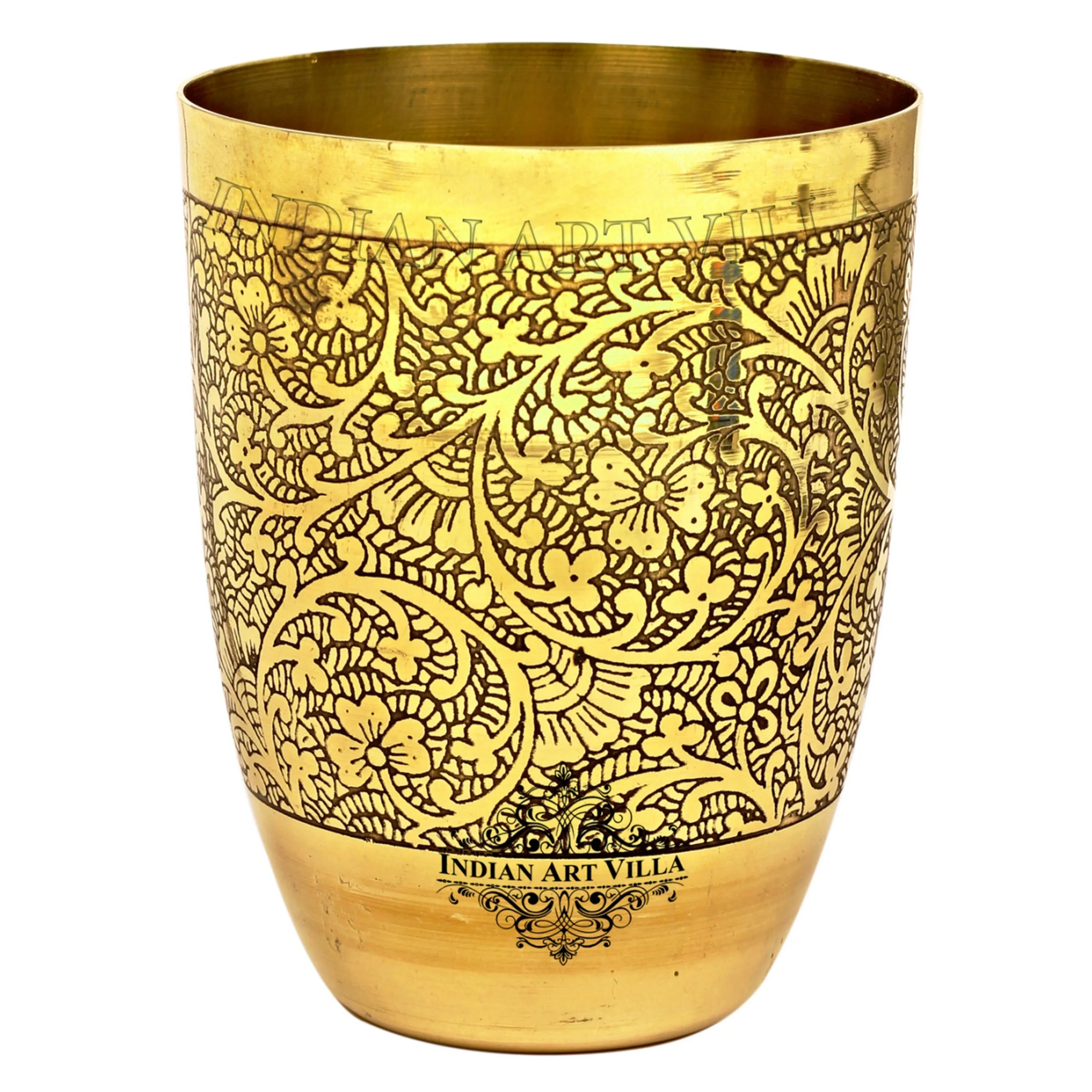 Indian Art Villa Embossed Design Brass Glass Tumbler Cup, Drinkware, Home Restaurant, 350 ML, Gold