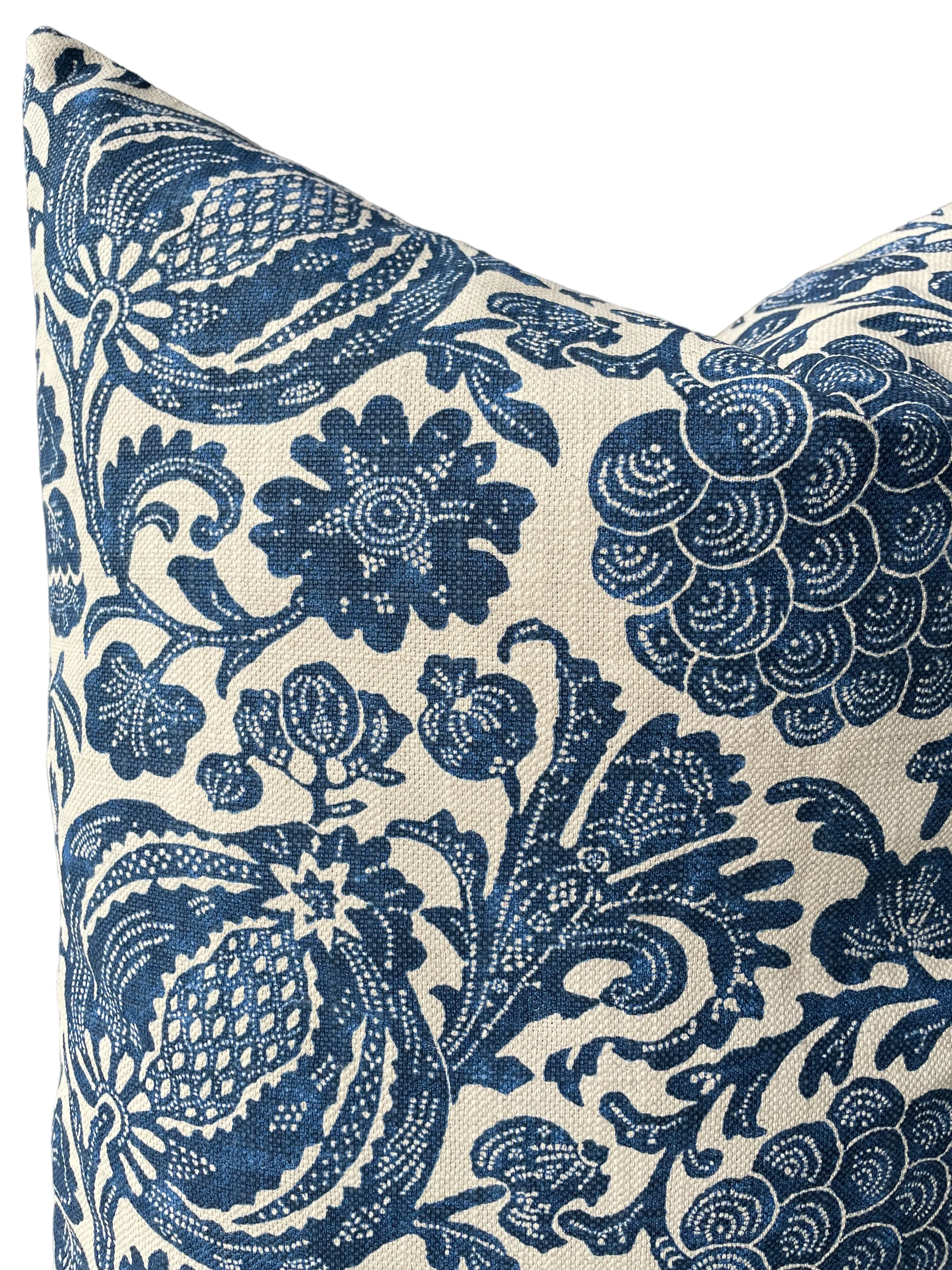 Indigo Blue and Beige Batik Pillow Cover / Grapes and Pomegranates Euro Sham Pillow Cover