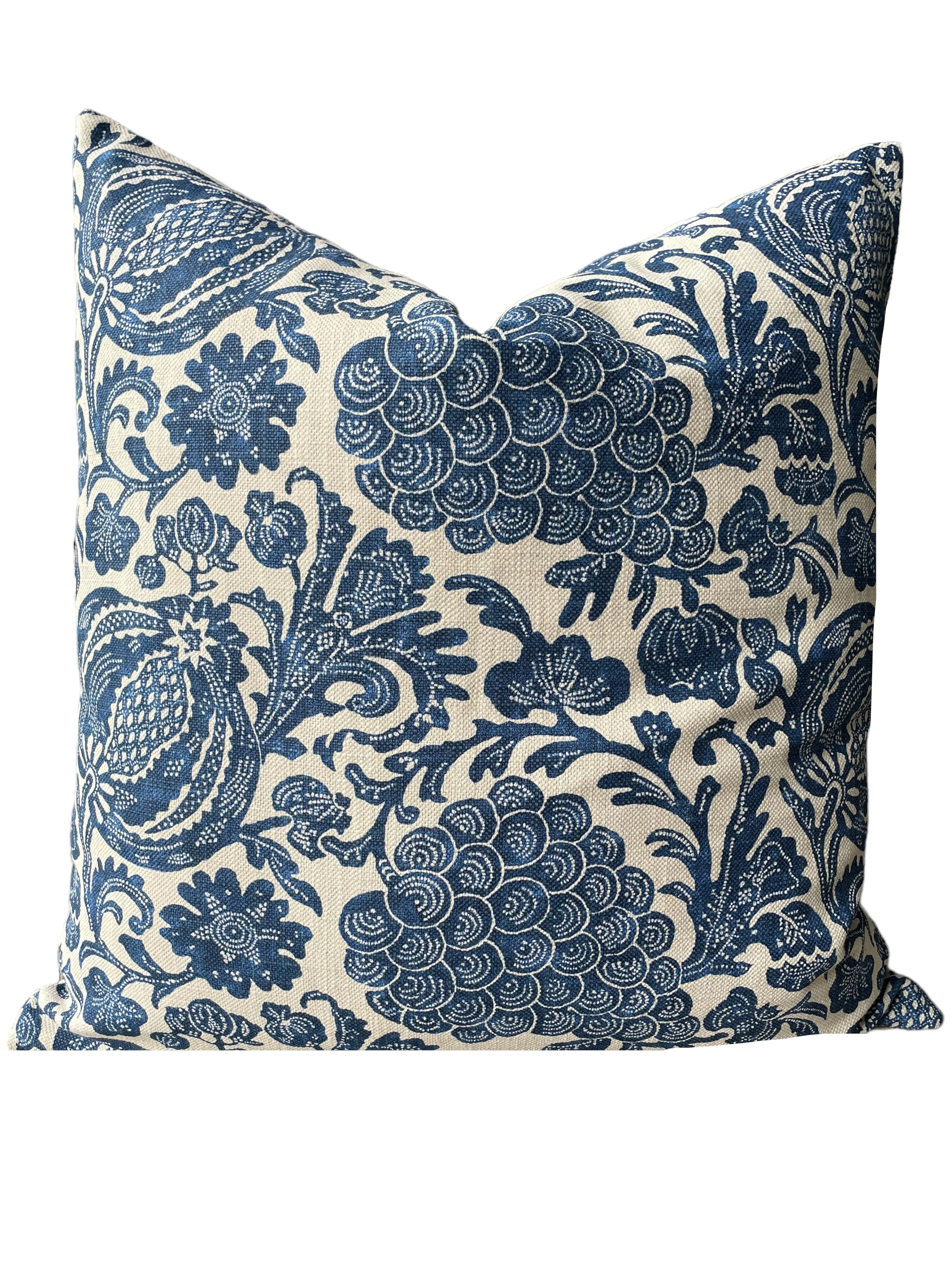 Indigo Blue and Beige Batik Pillow Cover / Grapes and Pomegranates Euro Sham Pillow Cover