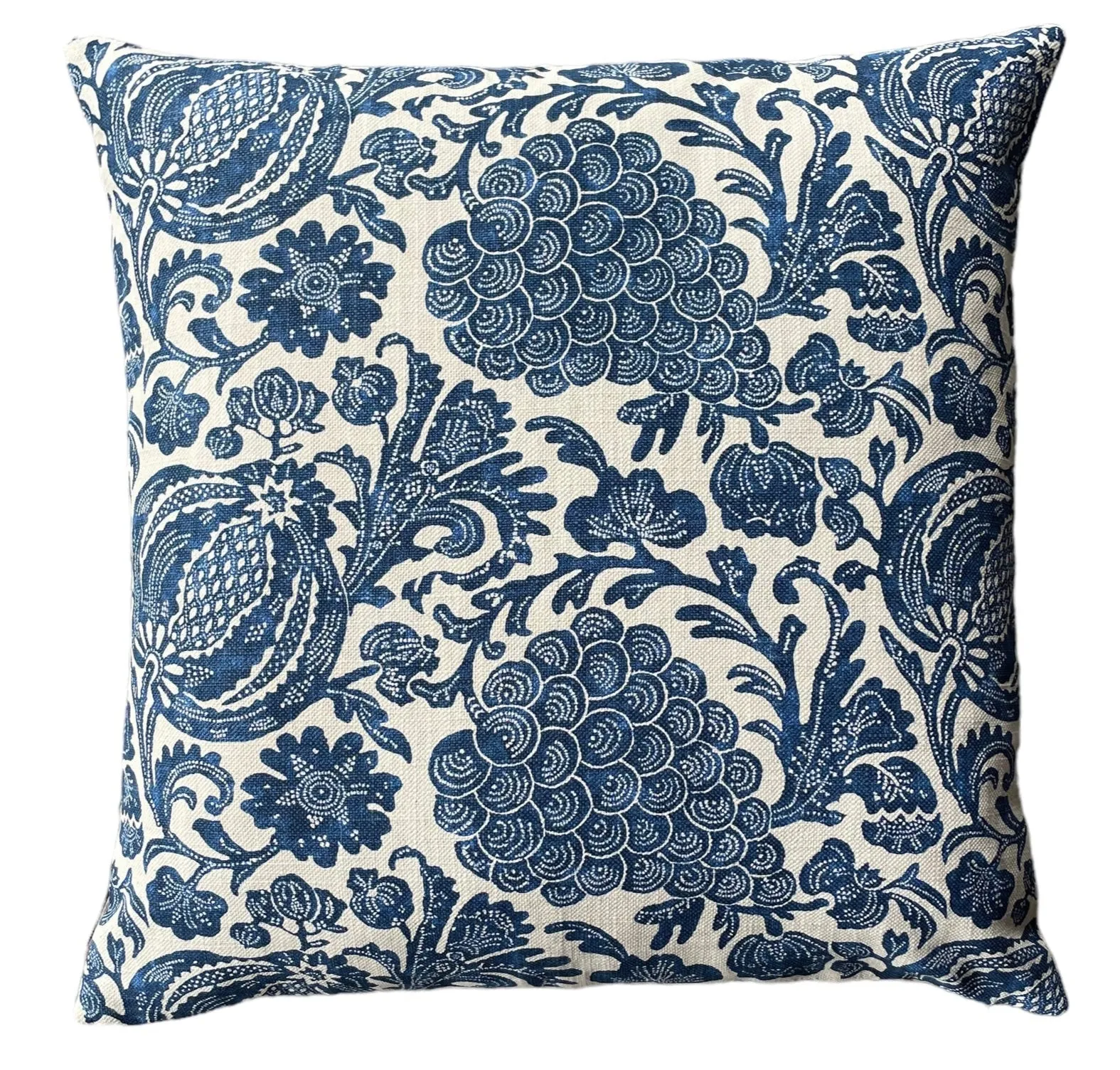 Indigo Blue and Beige Batik Pillow Cover / Grapes and Pomegranates Euro Sham Pillow Cover