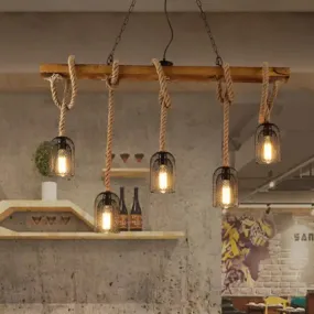 Industrial Metal Mesh Bell Pendant Light - Black, with Hanging Rope & 3/5 Bulbs - Restaurant Island Lighting