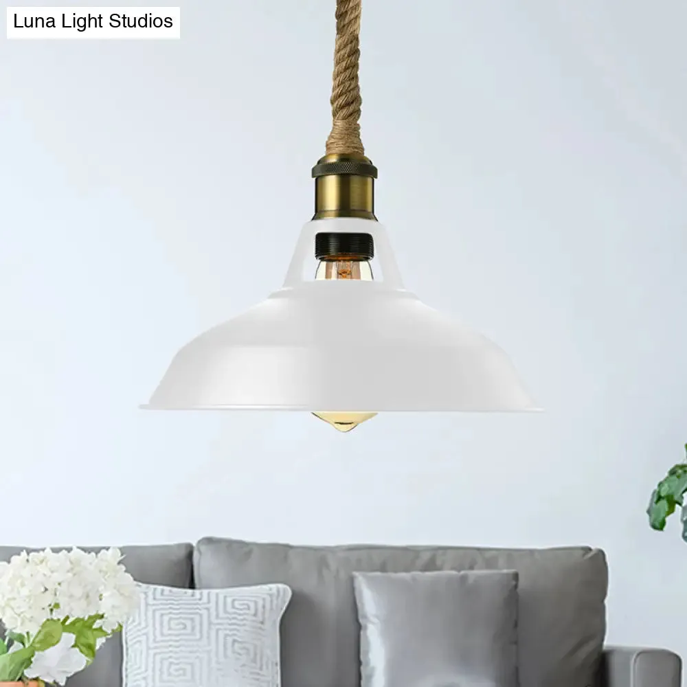 Industrial Metal Pendant Lamp: Barn-Style Shade, 1 Light, Black/White Ceiling Fixture with Hanging Rope