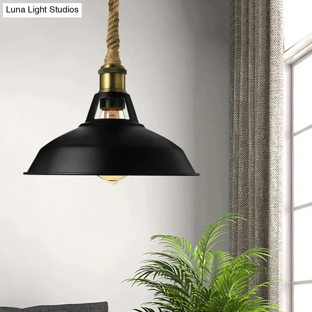 Industrial Metal Pendant Lamp: Barn-Style Shade, 1 Light, Black/White Ceiling Fixture with Hanging Rope