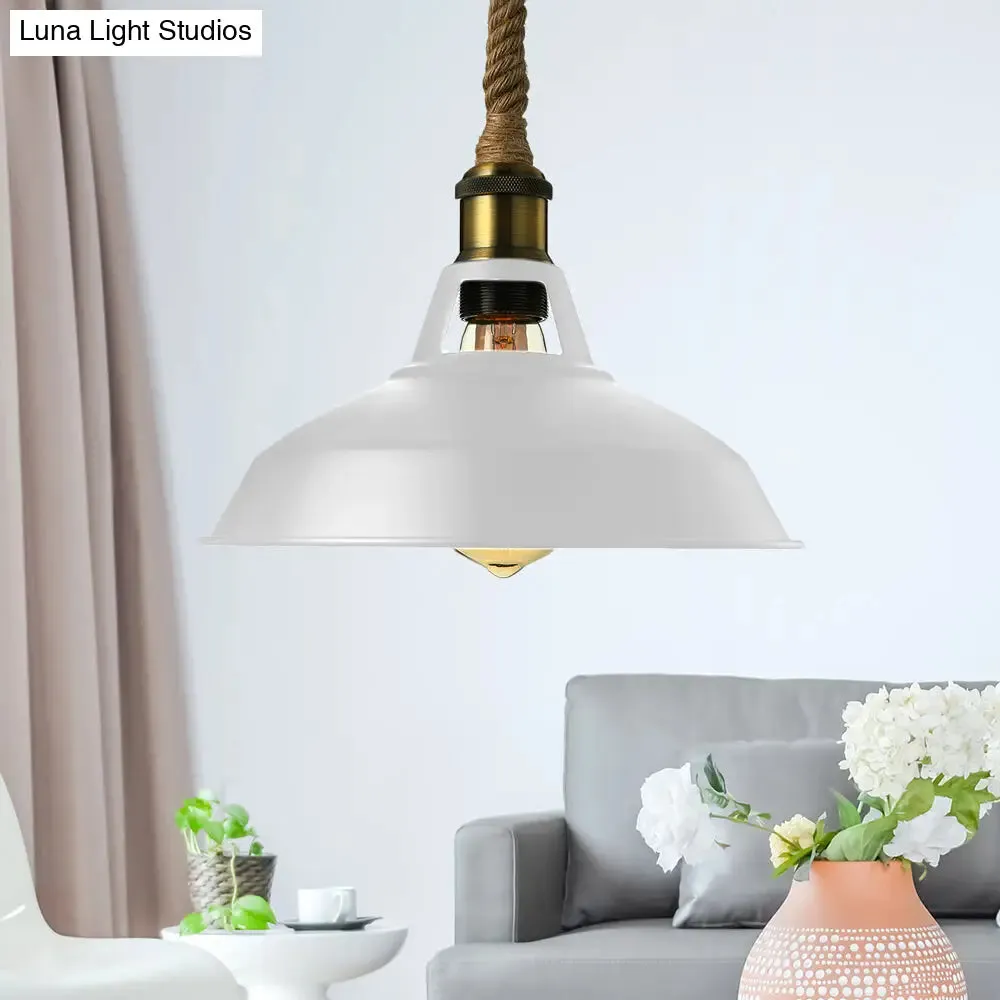 Industrial Metal Pendant Lamp: Barn-Style Shade, 1 Light, Black/White Ceiling Fixture with Hanging Rope