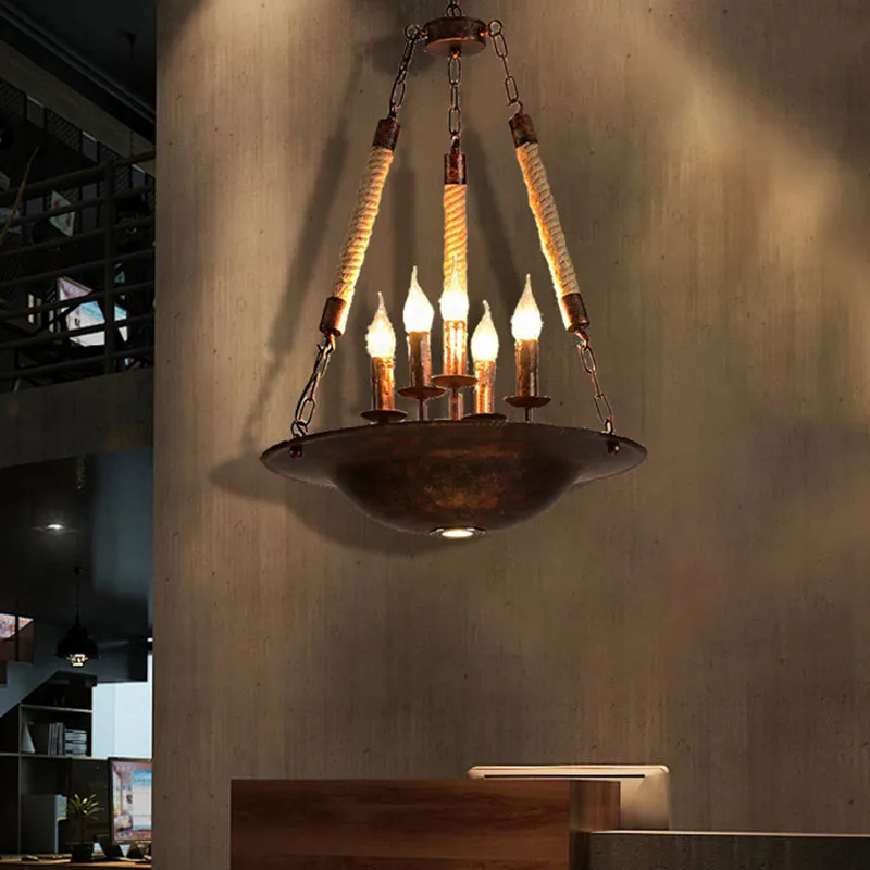 Industrial Rust Chandelier: 5-Light Metal Pendant Fixture for Dining Room with Rope Chain