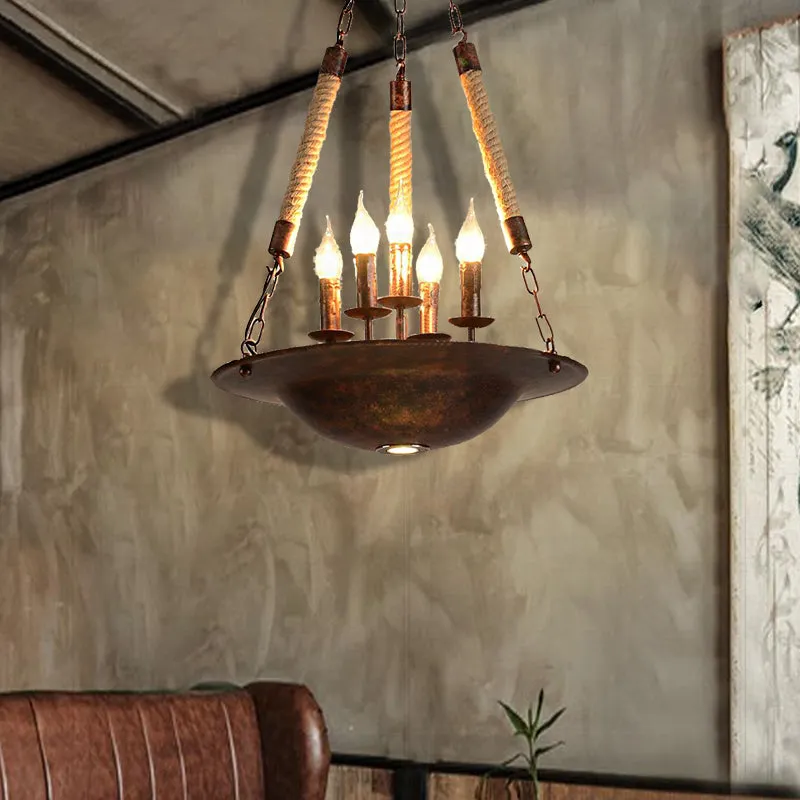 Industrial Rust Chandelier: 5-Light Metal Pendant Fixture for Dining Room with Rope Chain