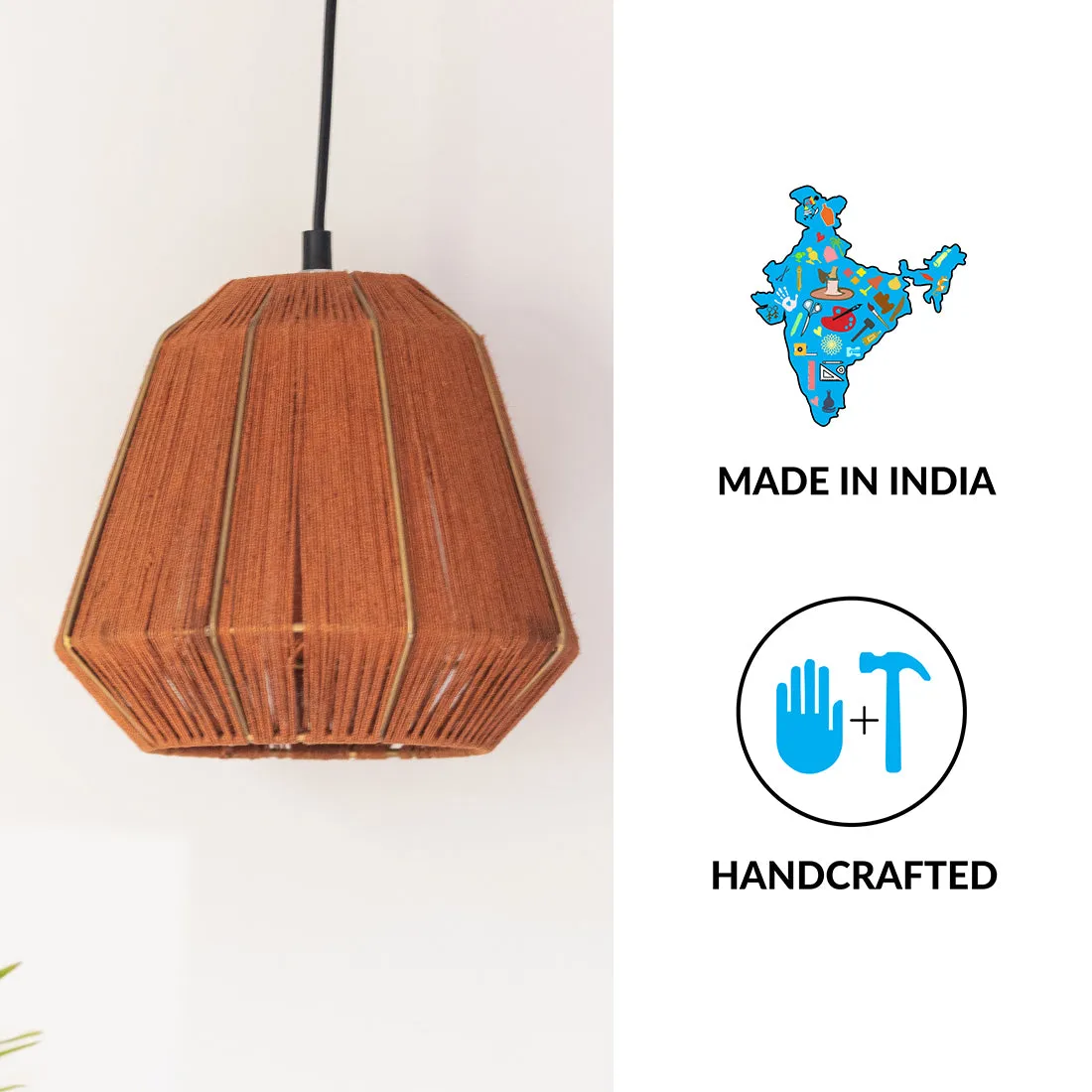 'Jute Joys' Handwoven Pyramidal Hanging Pendant Lamp In Jute & Iron (9 Inch)