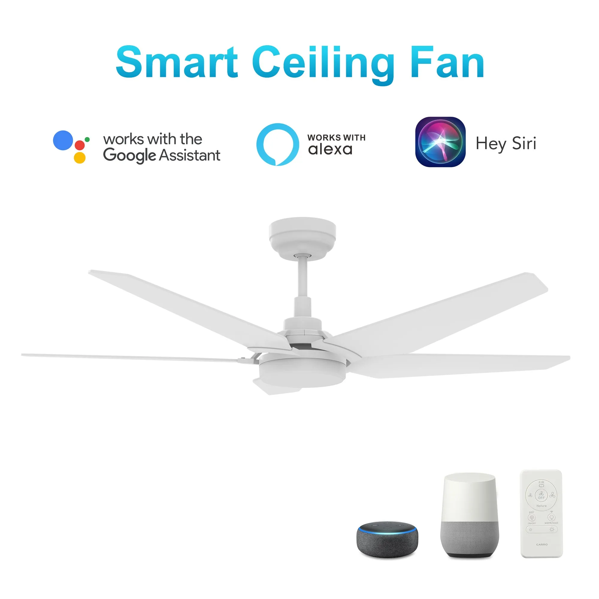 KAJ 52 inch 5-Blade Smart Ceiling Fan with LED Light Kit & Remote - White/White