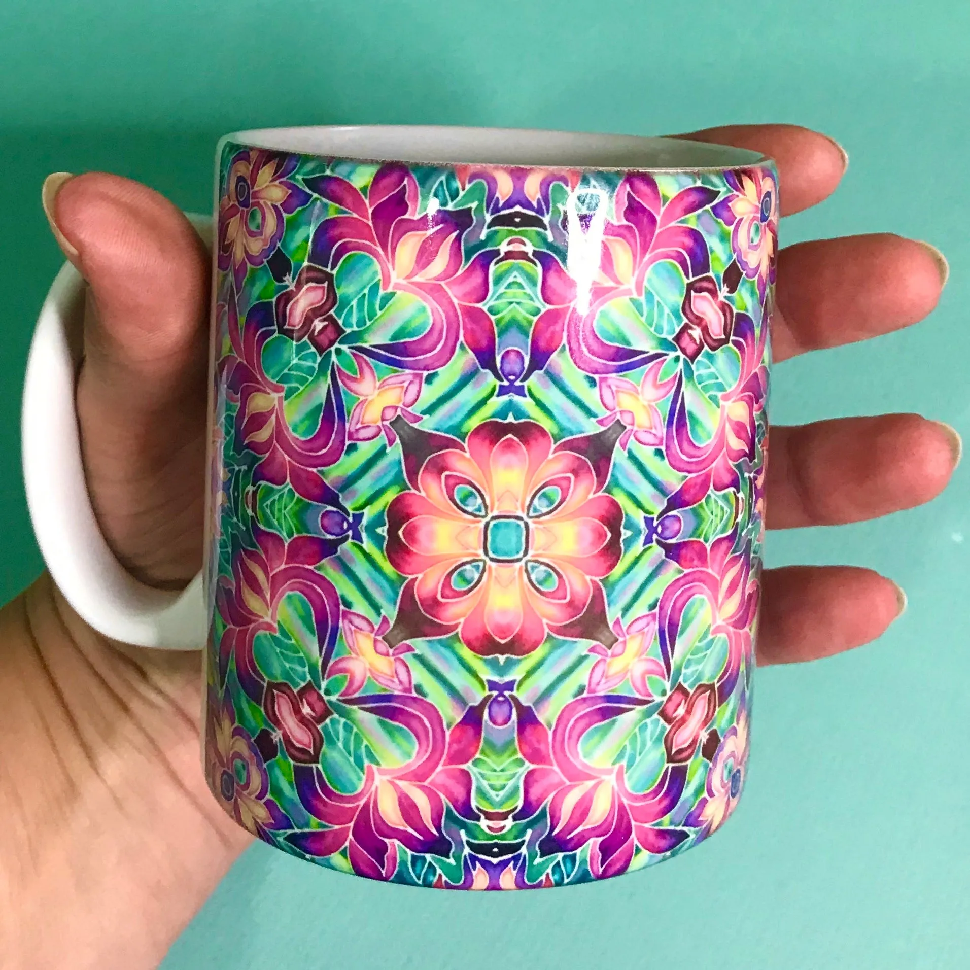 Kaleidoscope Flower Mug In Pink, Purple  and Green - Mug gift set