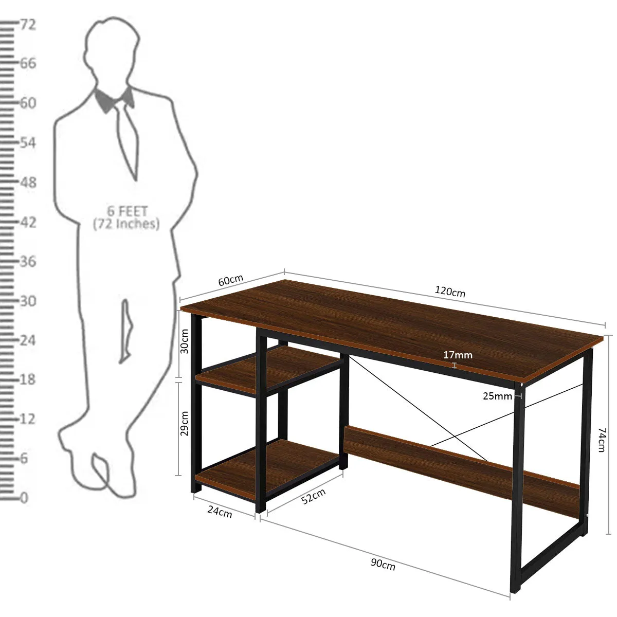 Kawachi Computer Desk 47" Home Office Writing Table with 2-Tier Reversible Storage Shelves Large Size Laptop Study Gaming Desk Workstation KW41-Brown