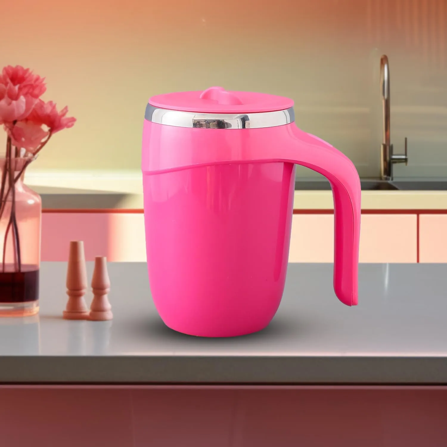 Kuber Industries Pack of 4 Anti-Fall Insulated Coffee Mug with Suction Bottom | Leak-Proof Stainless Steel Tumbler | Coffee Mug with Lid and Handle | 500 ML | Pink