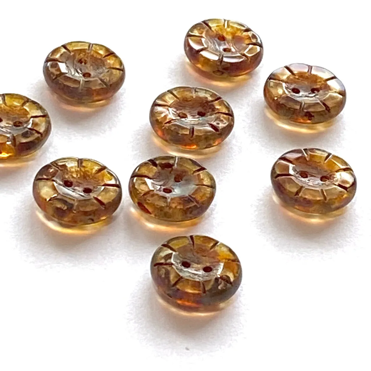 LAST ONES: Rustic Clear Amber Czech Glass Sunray Flower, 2 hole button 14mm / 9/16"  #L-977