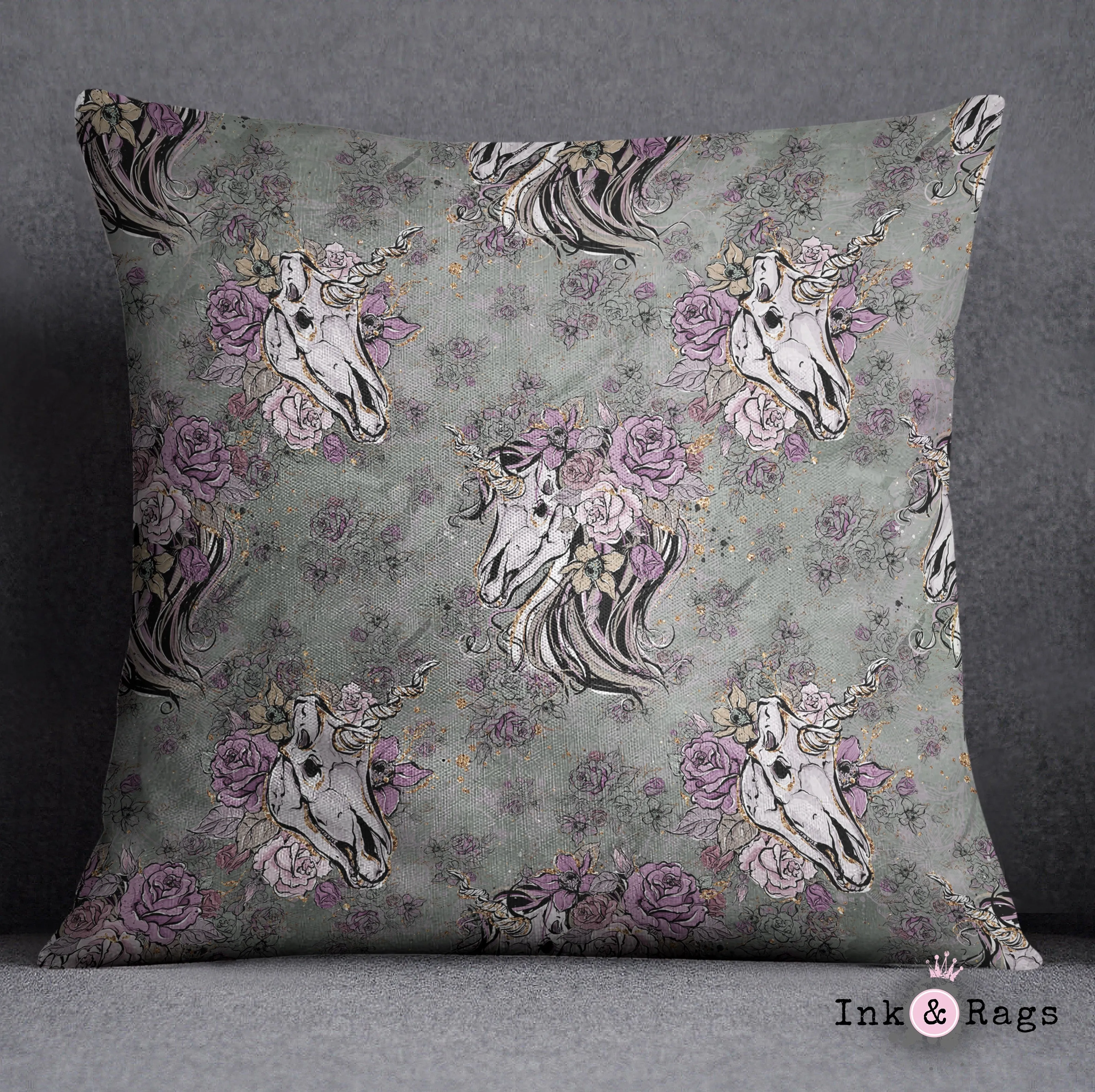 Lavender and Sage Unicorn Skull Throw Pillow