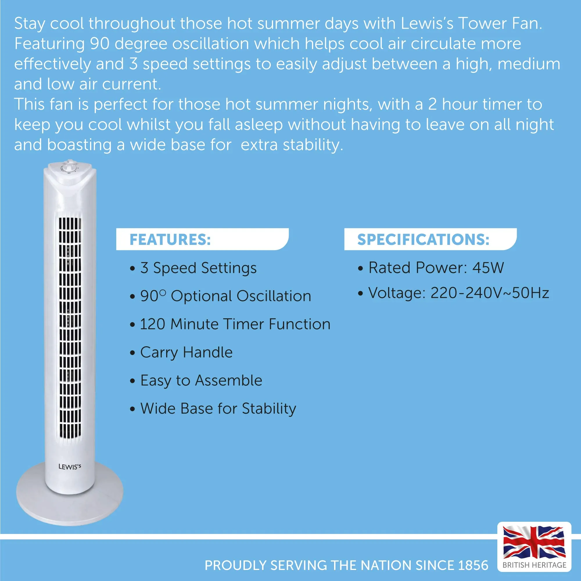 Lewis's 32 Inch Tower Fan - White