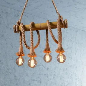 Lodge Industrial Beige Island Light with Adjustable Rope and Bamboo - 3/4 Lights Open Bulb