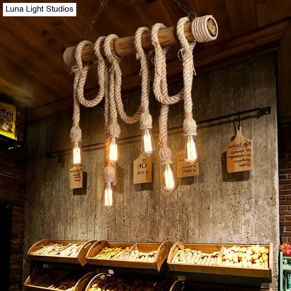 Lodge Industrial Beige Island Light with Adjustable Rope and Bamboo - 3/4 Lights Open Bulb